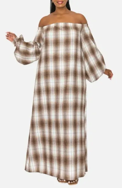 L I V D Zoe Plaid Long Sleeve Off The Shoulder Maxi Dress In Brown