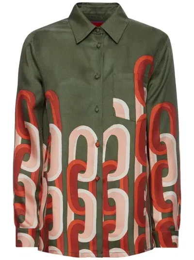 La Doublej Silk Geometric Print Shirt In Green