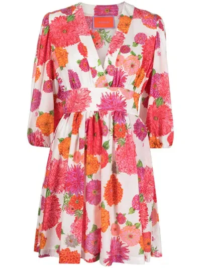 La Doublej Floral-print V-neck Dress In White