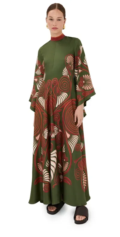 La Doublej Magnifico Printed Silk Twill Maxi Dress In Dark Green