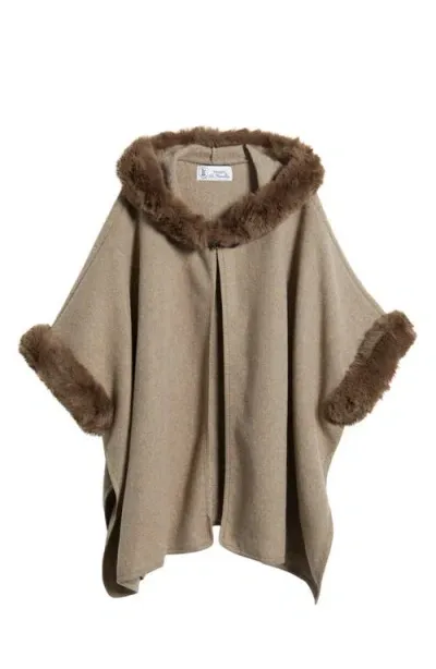 La Fiorentina Faux Fur Trim Hooded Ruana In Brown