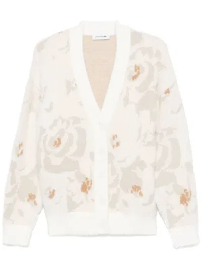 Lacoste Floral-jacquard Cardigan In White