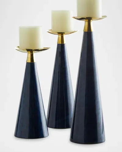 Ladorada Blue Bird's Eye Veneer Candleholder Trio In Blue Ojo De Pajaro