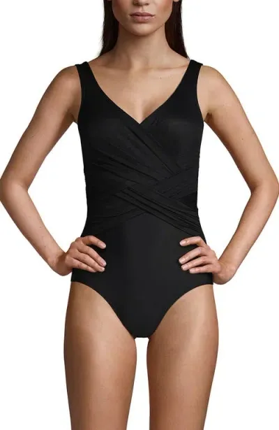 Lands' End Dd-cup Slendersuit Tummy Control V-neck Wrap One Piece Swimsuit In Black