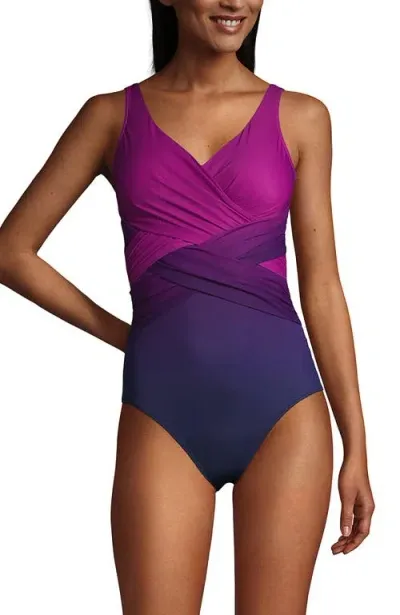 Lands' End Dd-cup Slendersuit Tummy Control V-neck Wrap One Piece Swimsuit In Violet Rose/navy Ombre