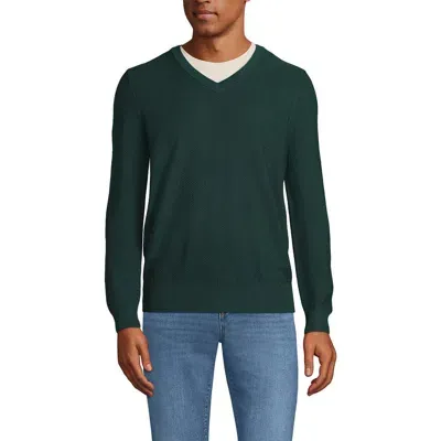 Lands' End Long Sleeve Washable Merino Wool V Neck Sweater In Deep Forest