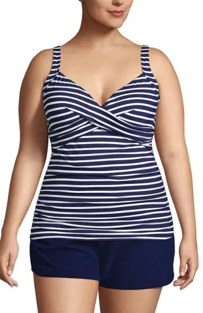 Lands' End Plus Size Dd-cup V-neck Wrap Underwire Tankini Swimsuit Top In Deep Sea/white Media Stripe