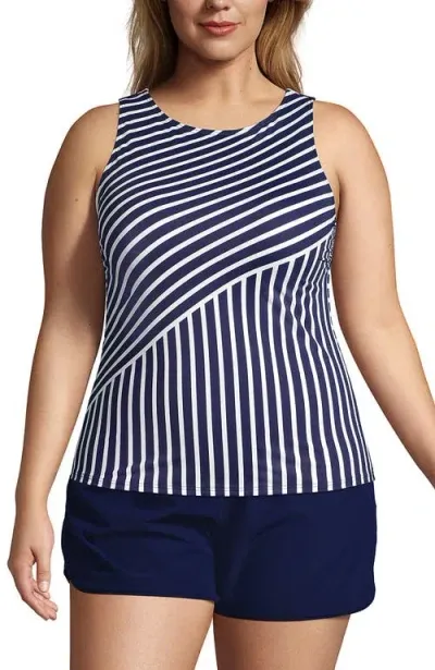 Lands' End Plus Size Ddd-cup High Neck Upf 50 Modest Tankini Swimsuit Top In Deep Sea Mixed Diagonal Stripe