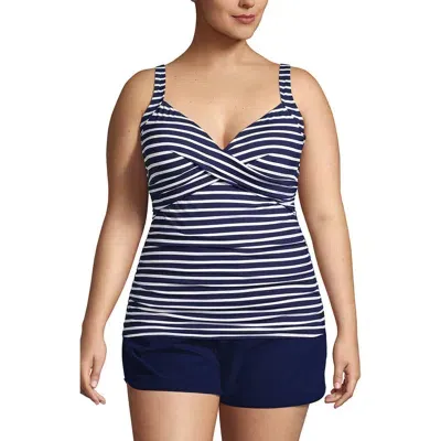 Lands' End Plus Size Ddd-cup V-neck Wrap Underwire Tankini Swimsuit Top In Deep Sea/white Media Stripe