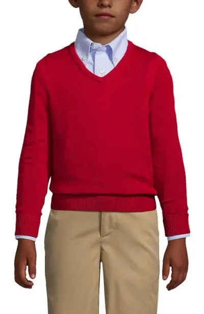 Lands' End Kids'  School Uniform Boys Cotton Modal Fine Gauge V-neck Sweater In Red