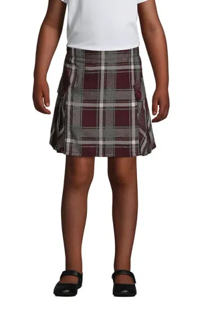 Lands' End Kids'  School Uniform Girls Plus Side Pleat Plaid Skort Above The Knee In Burgundy/gray Plaid