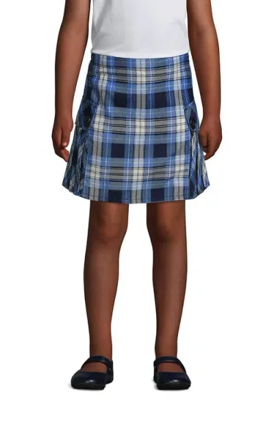 Lands' End Kids'  School Uniform Girls Plus Side Pleat Plaid Skort Above The Knee In Clear Blue Plaid