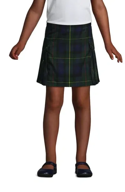 Lands' End Kids'  School Uniform Girls Plus Side Pleat Plaid Skort Above The Knee In Hunter/classic Navy Plaid