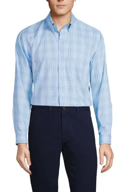 Lands' End School Uniform  Tailored Fit No Iron Solid Supima Cotton Pinpoint Buttondown Collar Dress In Light Blue Brook Plaid