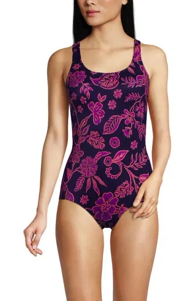 Lands' End Scoop Neck Tugless Sporty One Piece Swimsuit In Blackberry Ornate Floral