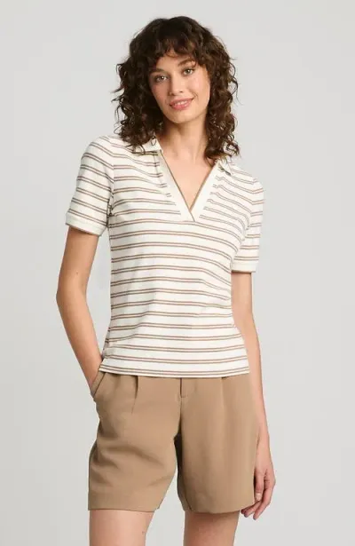 Lands' End Short Sleeve Wide Rib Polo In Fresh Ivory Dual Stripe