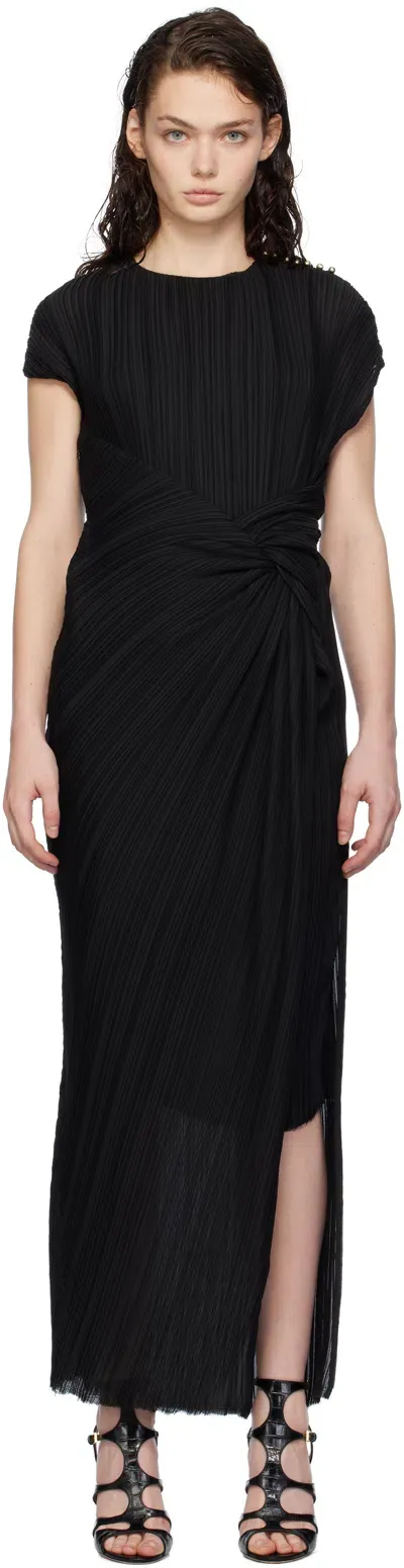 Lanvin Black Asymmetrical Pleated Maxi Dress