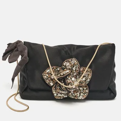 Pre-owned Lanvin Black Satin Floral Crystals Applique Chain Clutch