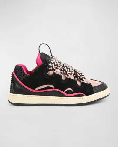 Lanvin Boy's Curb Suede Chunky Low-top Sneakers, Kids In Black/pink