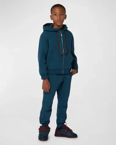 Lanvin Kids' Boy's Curbisme Logo Embroidered Hoodie In Blue