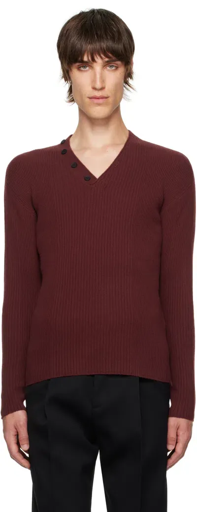 Lanvin Burgundy Ribbed V-neck Sweater In 39 Burgundy