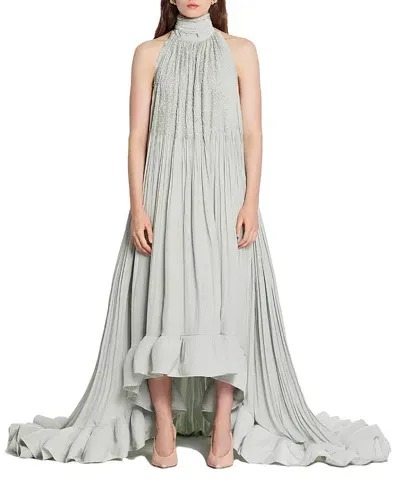 Lanvin Embroidered Halterneck Charmeuse Gown In Sage