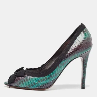 Pre-owned Lanvin Green/black Python Bow Peep Toe Pumps Size 39.5