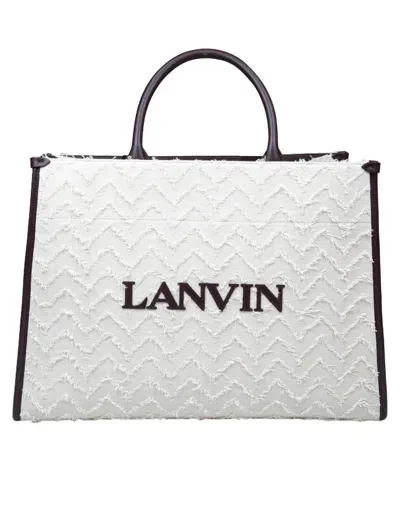 Lanvin Mm Tote Bag In Fabric With Herringbone Pattern In White