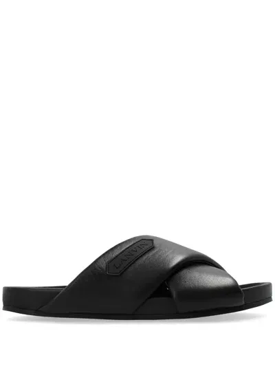 Lanvin Logo-appliqué Crossover Leather Slides In Black