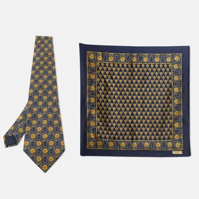 Pre-owned Lanvin Navy Blue Floral Print Satin Silk Pocket Square And Tie