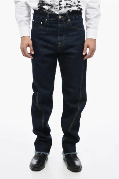 Lanvin Stitch Detailing Straight Fit Denims With Fringed Hem 21cm In Black