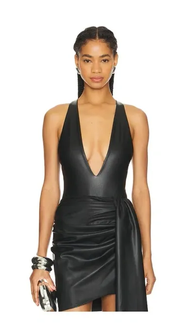 Lapointe Faux Leather Plunge Neck Bodysuit In 블랙