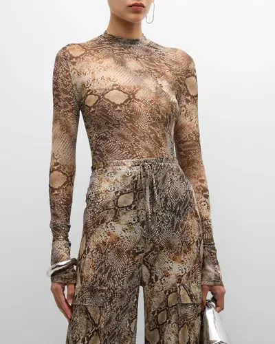 Lapointe Snakeskin-print Mesh Mock-neck Long-sleeve Bodysuit In Snake Print