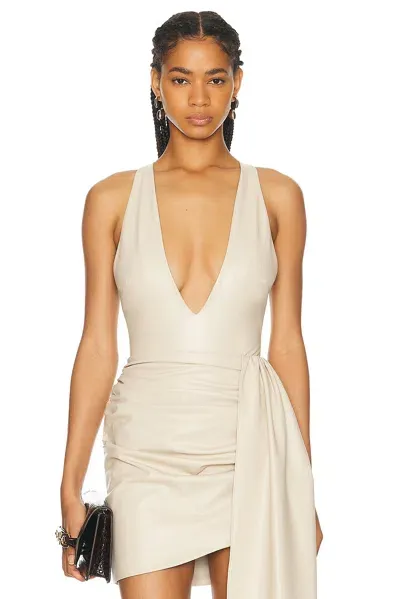 Lapointe Stretch Faux Leather Plunge Neck Bodysuit Top In Sand