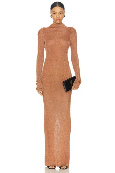 Laquan Smith Long Sleeve Mock Neck Gown In Copper