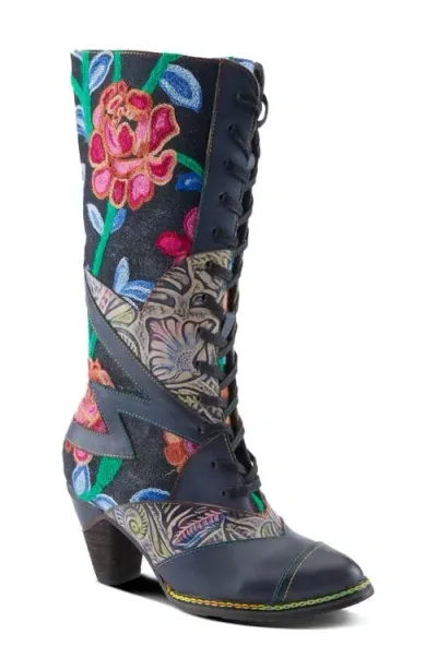 L'artiste By Spring Step Malagie Lace-up Cap Toe Knee High Boot In Navy Multi