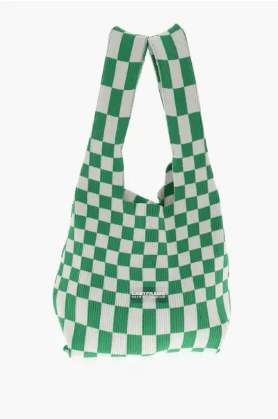 Last Frame Two-tone Checked Knitted Tote Bag In Green