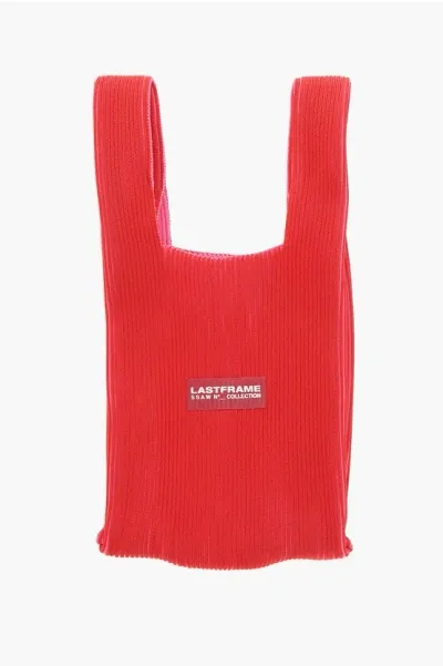 Last Frame Two-tone Knitted Tote Bag With Faux Leather Shoulder Strap In Red