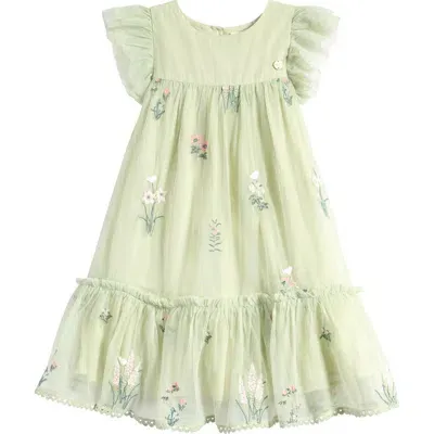 Laura Ashley Kids' Floral Embroidered Ruffle Mesh Dress In Sage Green