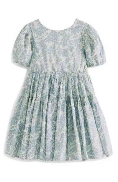 Laura Ashley Babies'  Kids' Floral Tiered Puff Sleeve Cutout Cotton Dress In Ivory Blue