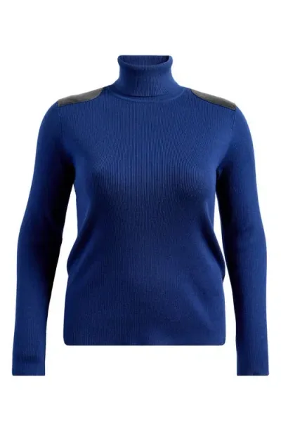 Lauren Ralph Lauren Embellished Rib Cotton Blend Turtleneck Top In Holiday Navy