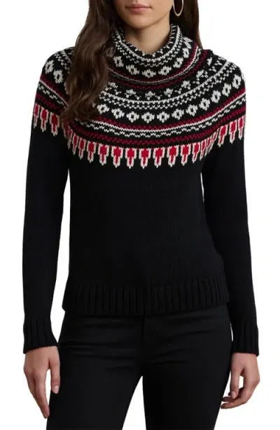 Lauren Ralph Lauren Fair Isle Cotton Turtleneck Sweater In Black/cream/red