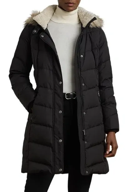 Lauren Ralph Lauren Faux Fur Trim Quilted Down & Feather Fill Hooded Puffer Coat In Black