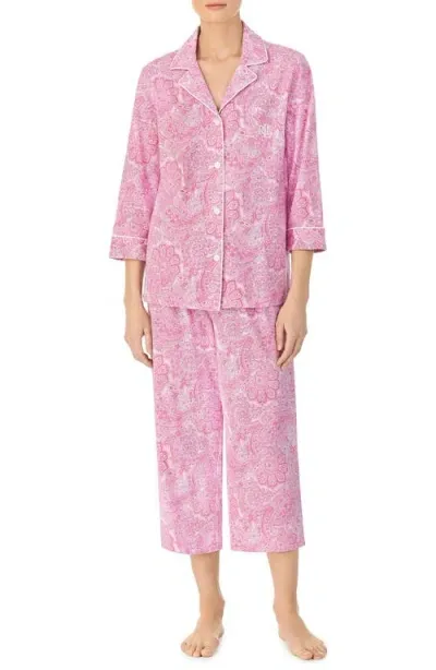 Lauren Ralph Lauren Women's 3/4 Sleeve Notch Collar Long Pants 2 Piece Pajama Set In Pink Paisley