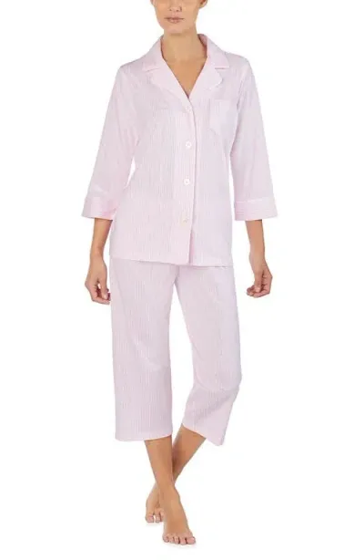 Lauren Ralph Lauren Knit Crop Cotton Pajamas In Pink White Stripe