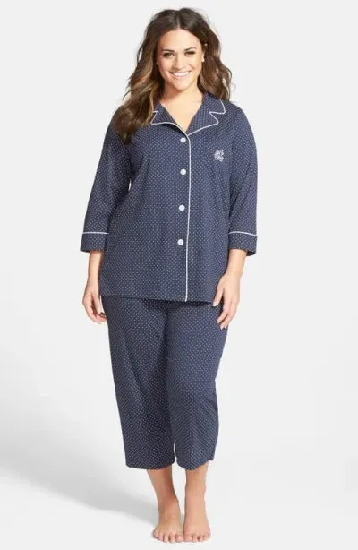 Lauren Ralph Lauren Knit Crop Pajamas In Madeleine Navy/white Dot