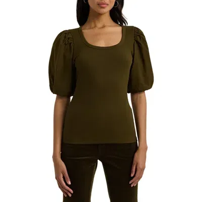 Lauren Ralph Lauren Mixed Media Puff Sleeve Cotton Top In Botanic Green