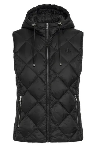 Lauren Ralph Lauren Monogram Hooded Quilted Down Puffer Vest In Black