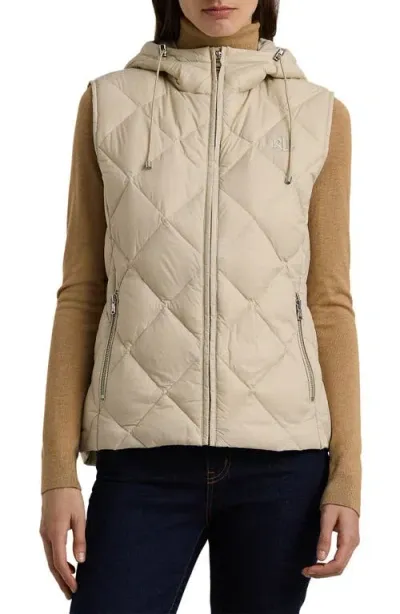 Lauren Ralph Lauren Monogram Hooded Quilted Down Puffer Vest In Explorer Sand