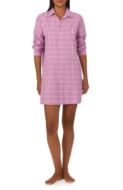 Lauren Ralph Lauren Plaid Cotton Blend Herringbone Sleep Shirt In Pink Plaid